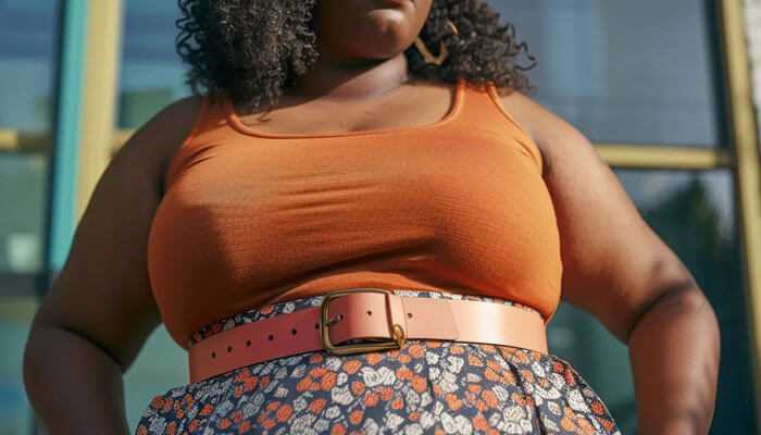 Plus size clothing in orange tank top and floral skirt, buckled at the waist with a wide belt accentuating statement accessories