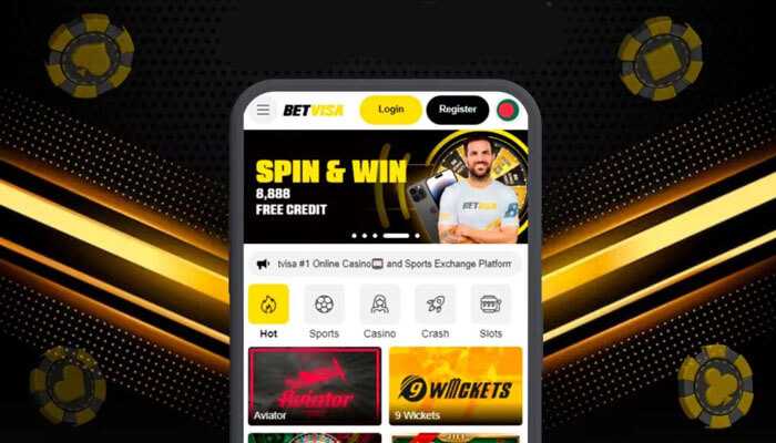 Betvisa mobile casino app interface showcasing spin & win promotion, casino games, and sports betting options with a user-friendly layout on a smartphone screen.