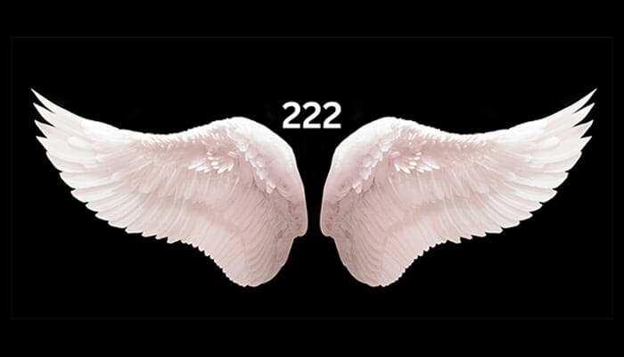 222 angel number meaning: white angel wings with "222" on a black background represent the balance, harmony, and trust.