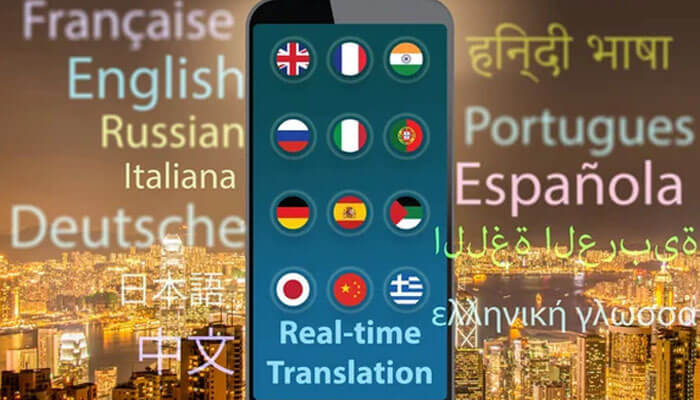 Smartphone with real-time translation and flags, showing android app development for multilingual communication.