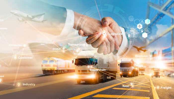 A futuristic logistics scene highlighting advanced supply chain management, with a focus on shipping container scams.
