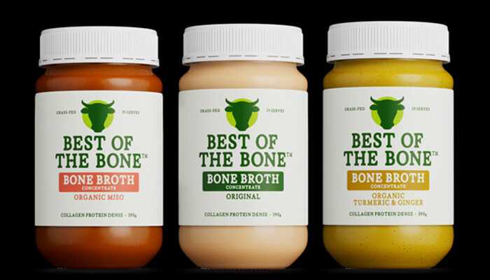 Three jars of best of the bone bone broth concentrate in organic miso, original, and organic turmeric & ginger flavors, showcasing a variety of nutrient-rich options.
