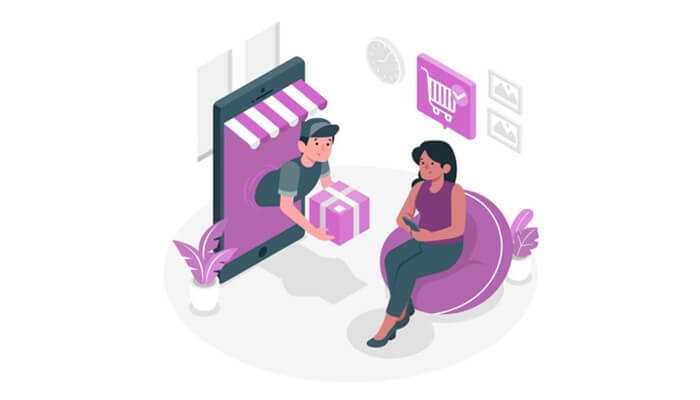 Illustration of a customer receiving a product from an online store, symbolizing the ease and convenience provided by value added services in e-commerce.