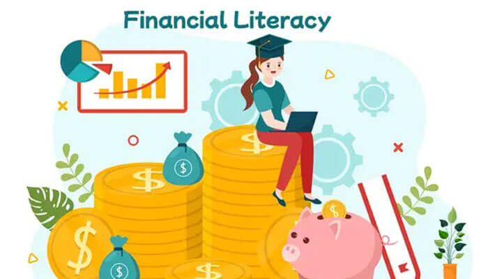 A woman learning about financial literacy with an illustration of loan calculators, graphs, and currency symbols, representing the impact of financial planning.