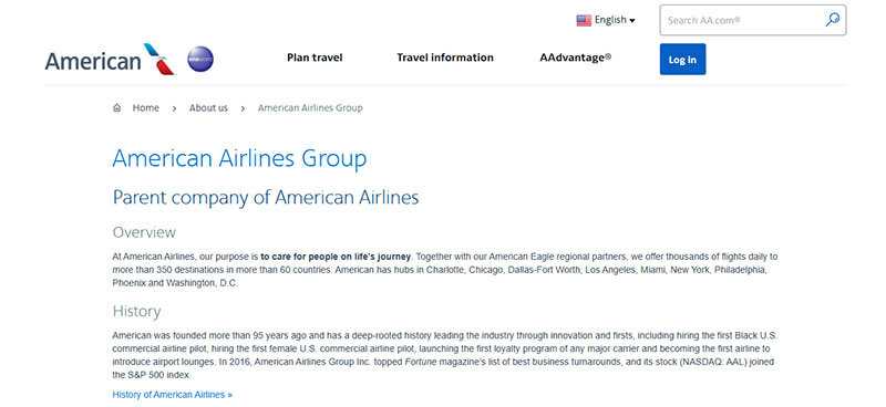 American airlines group'About Us' page, showcasing their purpose, overview, and history, including their role as the parent company of American Airlines.