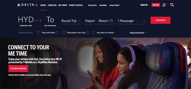Delta airlines flight booking page with options for a round-trip flight from hyderabad, india, showing passengers enjoying in-flight entertainment.