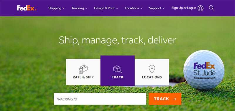 Fedex homepage showing options to ship, manage, track, and deliver with a focus on tracking shipments.