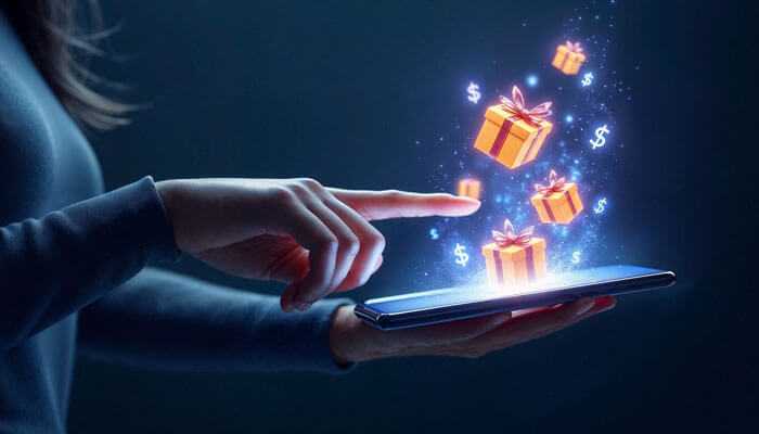 A hand holding a phone with floating animated gifts and dollar symbols, signifying free credit no deposit casino bonuses in a digital environment.