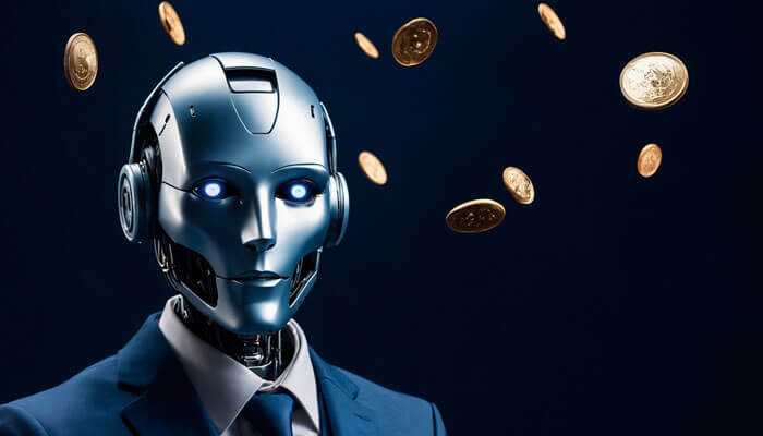 A sleek robot in a suit with glowing blue eyes, standing against a dark background with golden crypto coins floating around—representing professional ai agents in crypto.