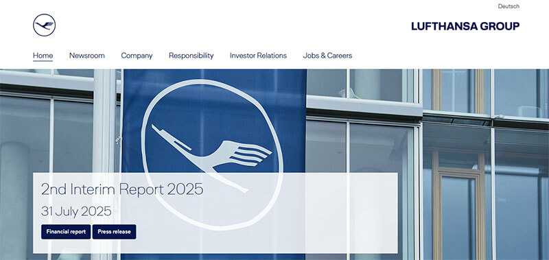 Lufthansa group homepage displaying their 2nd interim report for 2025, with a corporate building in the background.