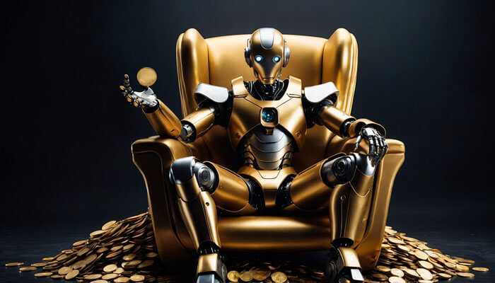 A golden humanoid ai agent sitting confidently on a throne-like chair surrounded by crypto coins—symbolizing the dominance of ai agents in crypto economies.