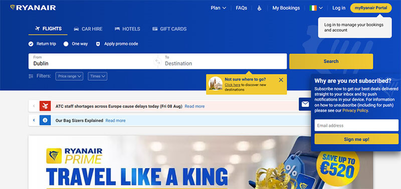 Ryanair flight booking page with filters for price range and travel times, offering promotional travel deals.