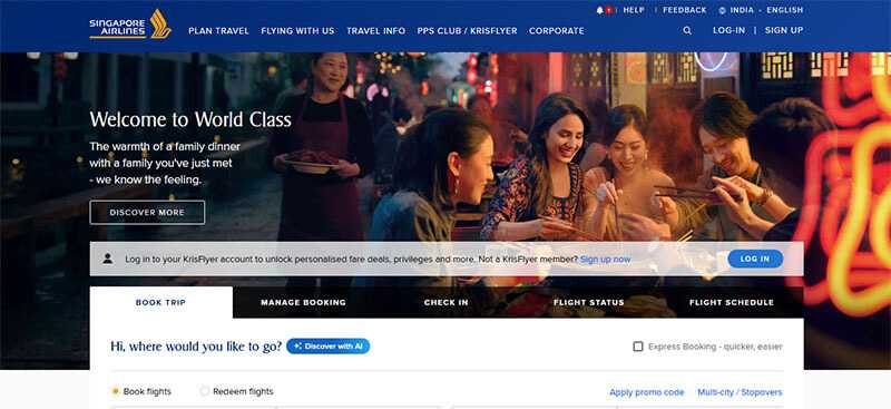 Singapore airlines homepage inviting users to book trips with a family-oriented promotional image from singapore.