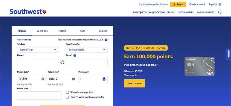 Southwest airlines booking page highlighting flight search with dates, traveler information, and points offer.