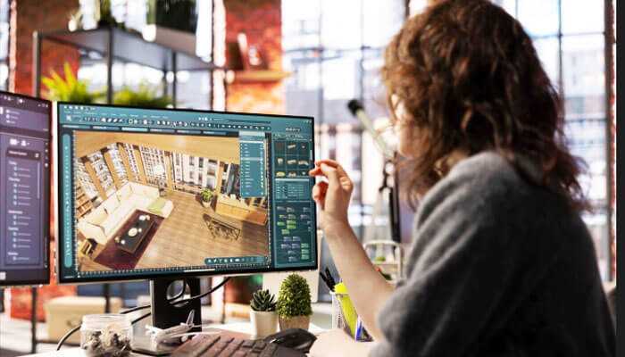 Facility management professional reviewing a virtual model of a modern office space, optimizing layouts and designs for efficiency and functionality.