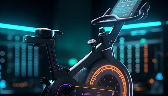 High-tech stationary bike for weight loss and cardio with digital display, glowing accents, and advanced workout tracking features.