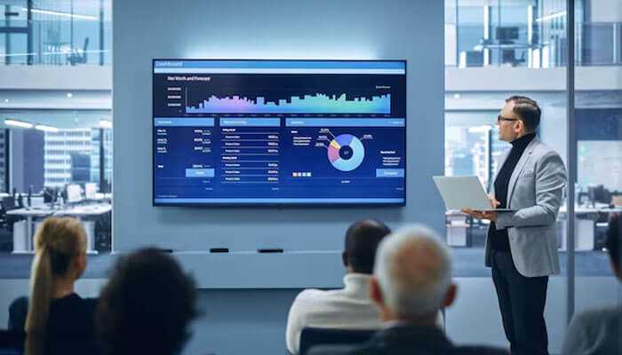 Why choose london for power bi training - tycoonstory | tycoonstory media Business professional presenting interactive data dashboards on a large screen to a team, showcasing insights achievable with power bi training london.