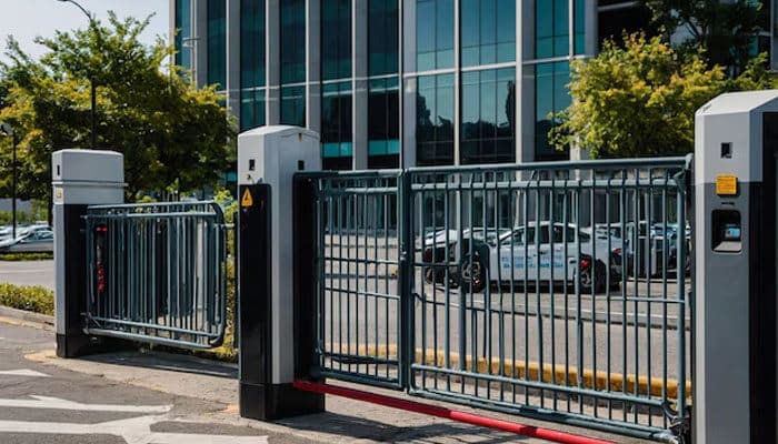 Automatic swing gate installed at business premises entrance ensuring security and controlled access.