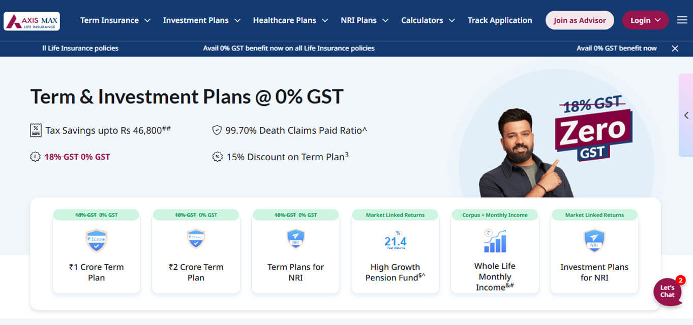 Term insurance plans in india from axis max life highlighting 0% gst, tax savings, and strong claim settlement ratio.