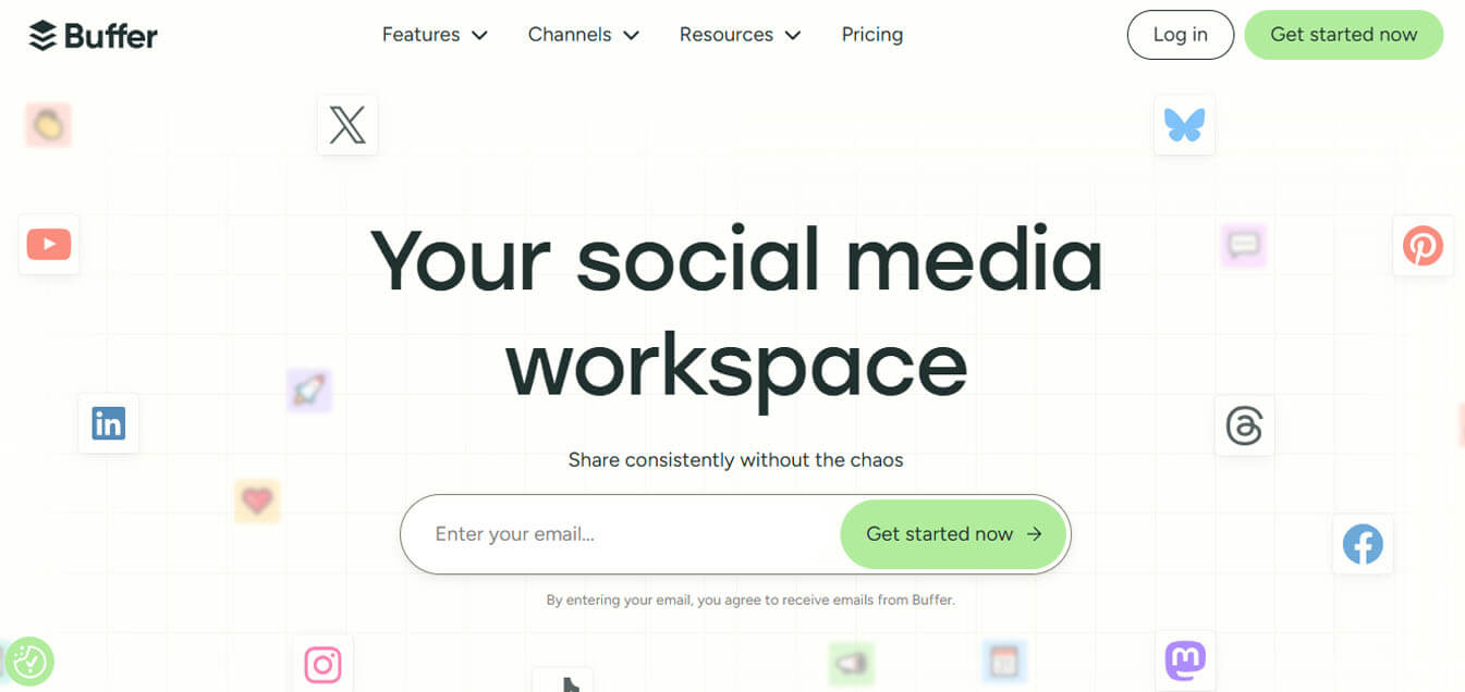 Buffer - tycoonstory | tycoonstory media Buffer homepage screenshot – buffer website promoting social media workspace for consistent posting and simplified tiktok and cross-platform scheduling.