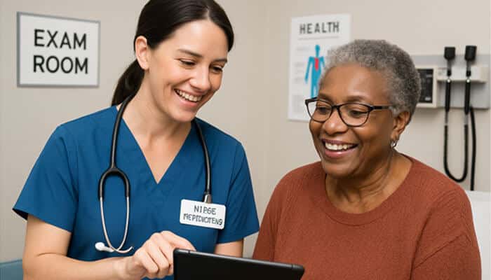 A nurse practitioner assisting an elderly patient in an exam room, using a tablet for patient education and care coordination.