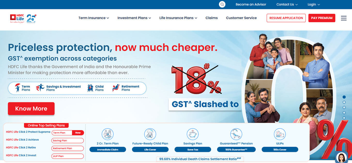 Hdfc life website showcasing term insurance plans in india with premium discounts, gst exemption, and multiple plan categories like savings and retirement.