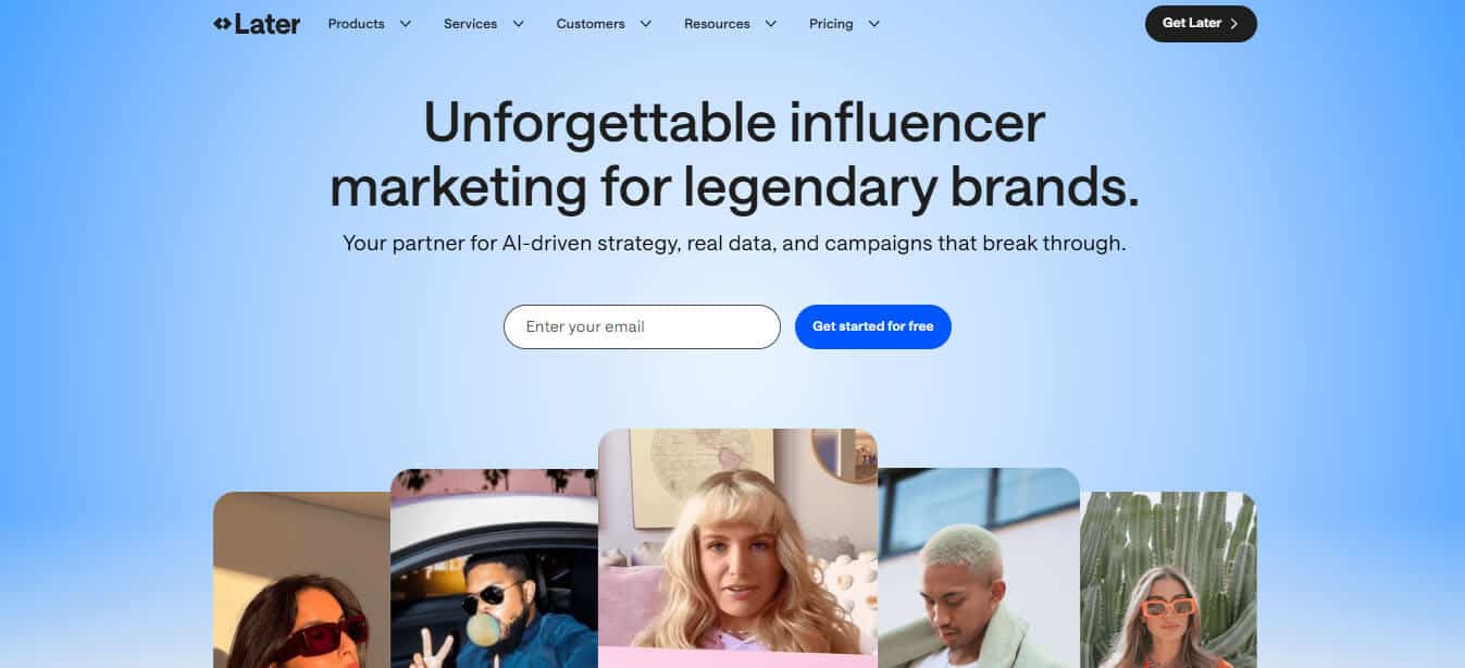 Later - tycoonstory | tycoonstory media Later homepage screenshot – later social media management platform homepage featuring influencer marketing and ai-driven strategy tools for brands and creators.