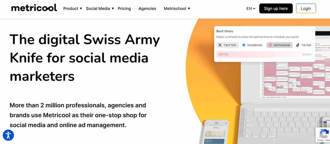 Metricool - tycoonstory | tycoonstory media Metricool homepage screenshot – metricool website highlighting analytics and competitor tracking for social media marketers managing tiktok, instagram, and facebook.