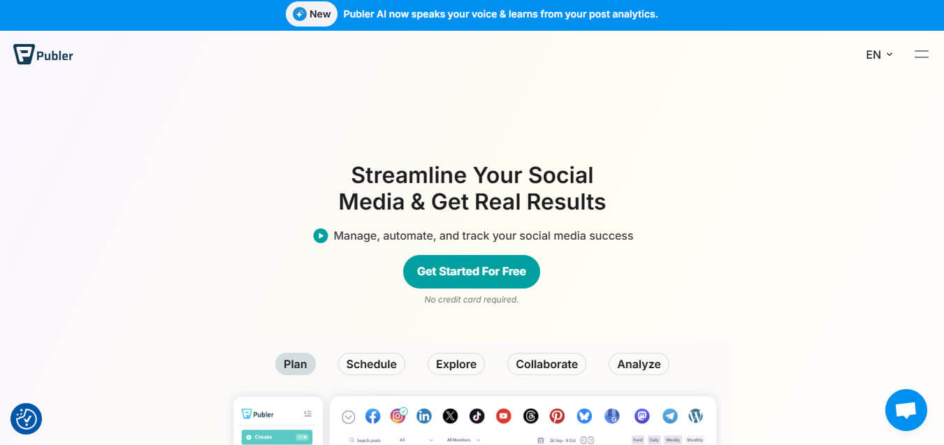 Publer - tycoonstory | tycoonstory media Publer homepage screenshot – publer social media management dashboard showcasing planning, scheduling, collaboration, and analytics tools including tiktok support.
