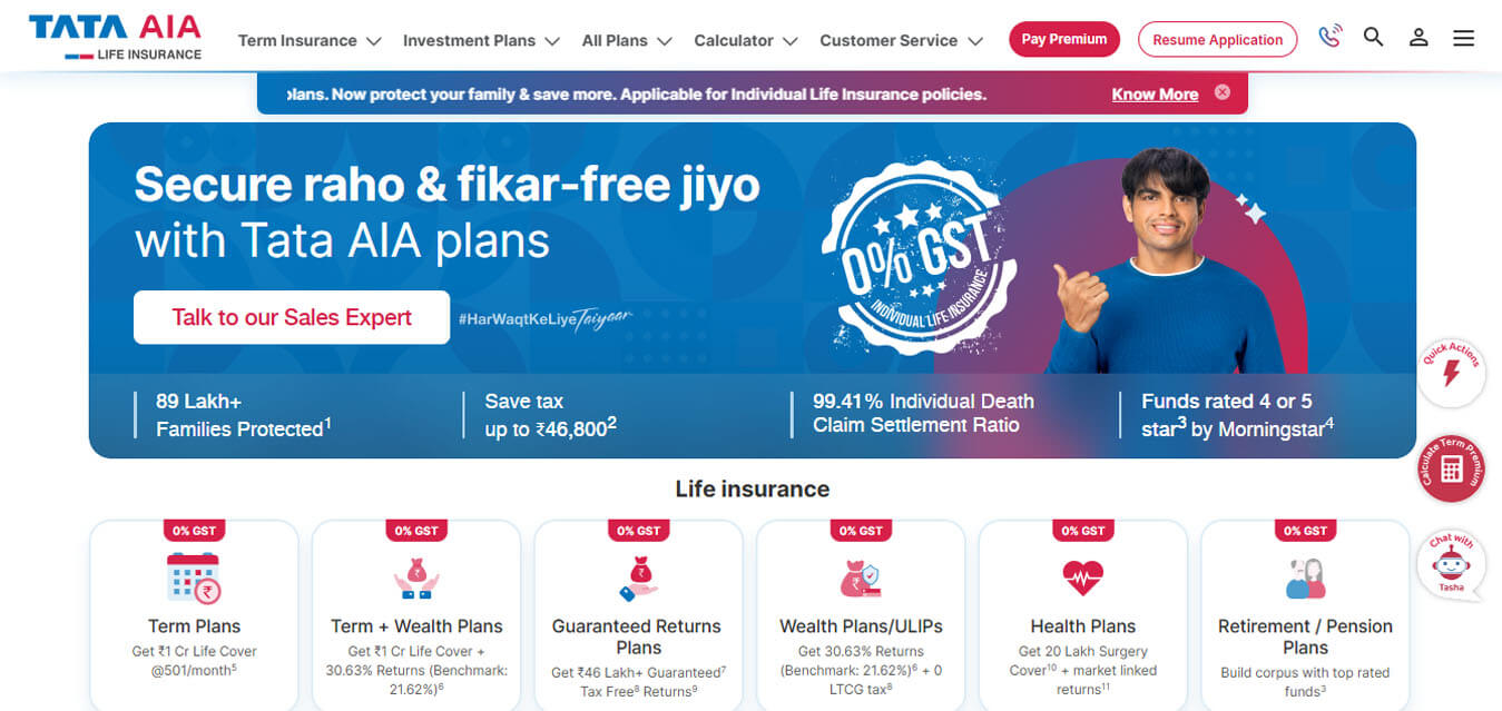 Term insurance plans in india by tata aia featuring 0% gst, flexible life cover, and high claim settlement ratio.