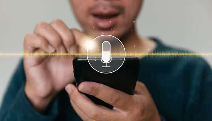 Mobile and web app development innovation with voice recognition technology on smartphone.