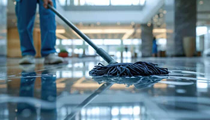 Maintenance worker cleaning polished commercial floors, highlighting easy maintenance and slip-resistant surface quality.