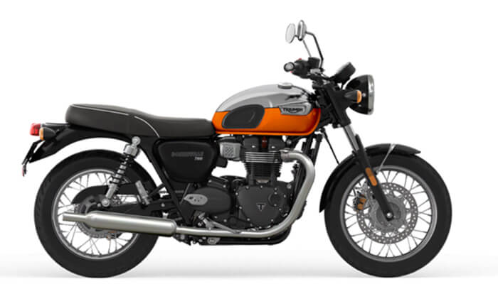 A classic-style triumph motorcycle with an orange and silver fuel tank shown in a side profile view, used to represent details related to the triumph on-road price.