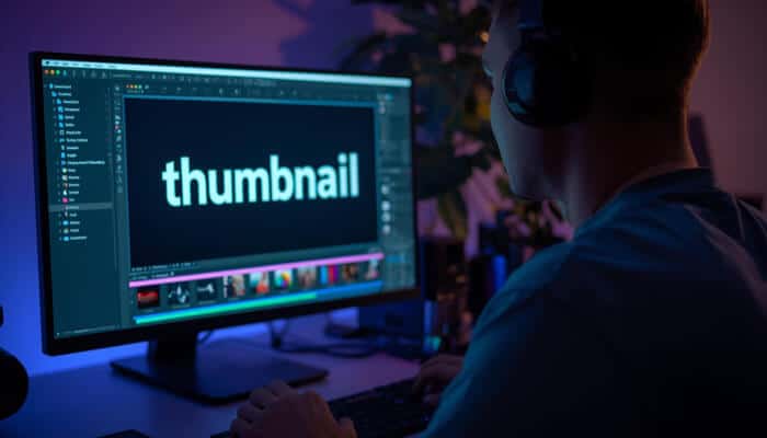 A designer wearing headphones works on a computer screen displaying the word “thumbnail,” representing the creation and experimentation of different thumbnail styles for digital and video content.