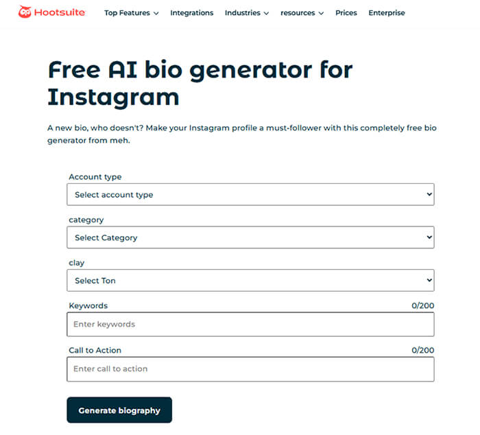 Hootsuite AI Instagram Bio Generator