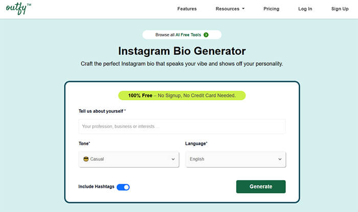 Outfy Free AI Instagram Bio Generator