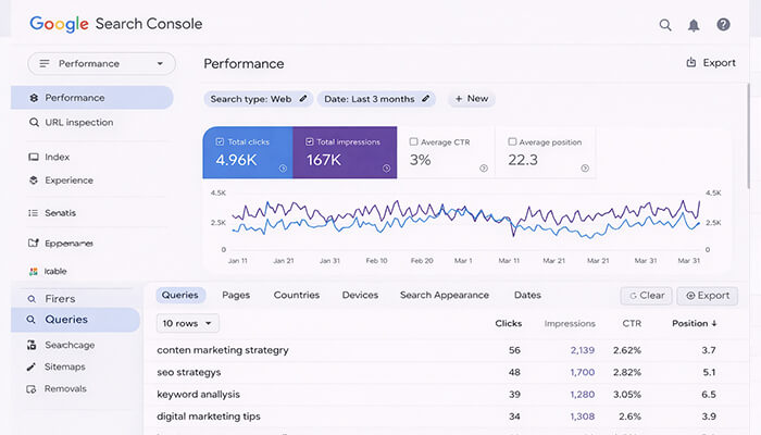 Google Search Console performance report showing total clicks, impressions, CTR, and average position for a website over the last three months.