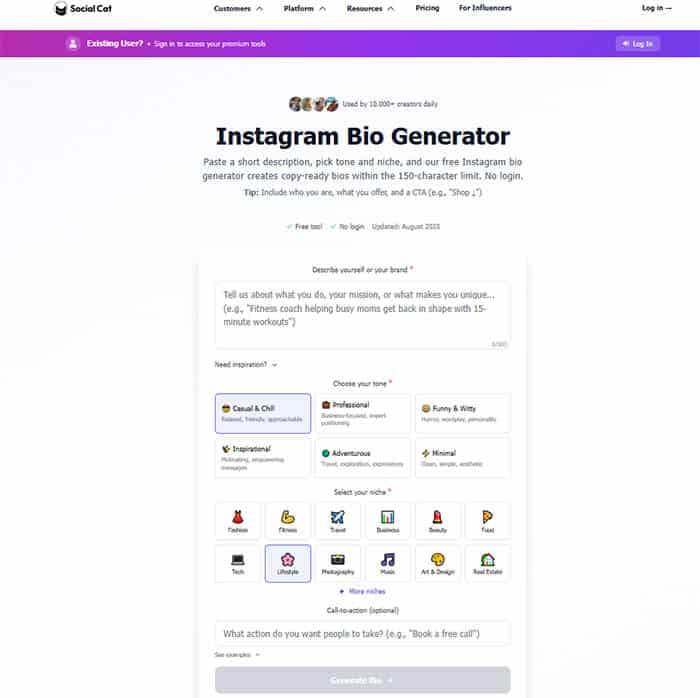 SocialCat Instagram Bio Generator