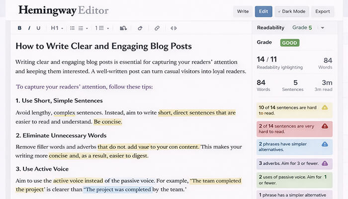 Hemingway Editor showing tips for writing clear blog posts, emphasizing short sentences, avoiding unnecessary words, and using active voice.