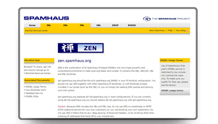 Spamhaus zen blacklist overview page used during email migration to monitor ip reputation and prevent email deliverability issues.