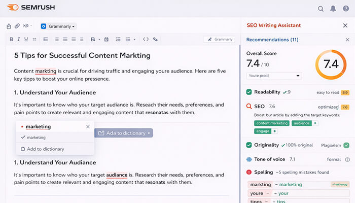 SEMrush SEO Writing Assistant with spelling suggestions like correcting 'marketing' and 'youre', and offering SEO and readability recommendations for a content marketing article.