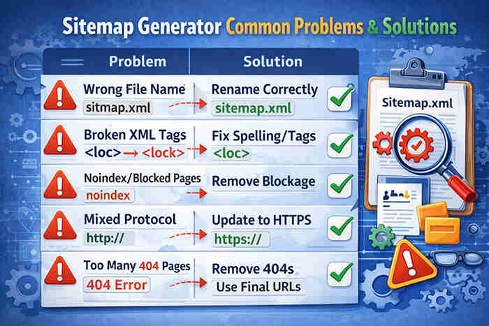 Sitemap generator common problems and solutions infographic showing wrong sitemap file names, broken XML tags, noindex pages, HTTP to HTTPS issues, 404 errors, and their fixes.