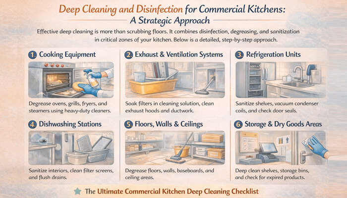 An infographic showing a detailed step-by-step approach for Commercial Kitchen Deep Cleaning, covering key areas like cooking equipment, exhaust systems, refrigeration units, dishwashing stations, floors, walls, ceilings, and storage areas.
