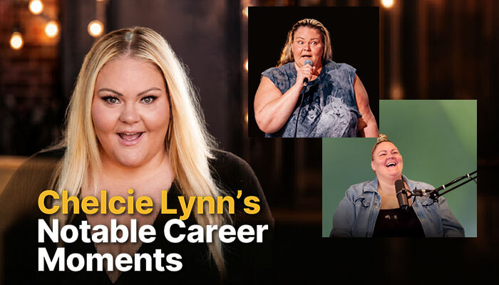 Chelcie Lynn Net Worth visual collage showing Chelcie Lynn in key career moments—stand‑up comedy, podcasting, and media appearances highlighting her financial and professional growth.