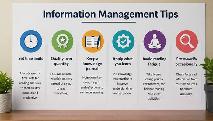 Stay Always Updated with TXEPC Site: Visual representation of information management tips, highlighting strategies like setting time limits, focusing on quality over quantity, and keeping a knowledge journal, ensuring organized and effective information intake.