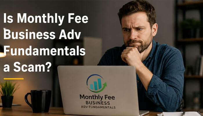 Concerned businessman reviewing laptop information about monthly fee business adv fundamentals scam concerns, hidden fees, waiver policies, banking transparency, and business finance risks in 2026.