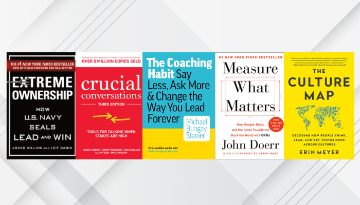 Leadership development books about coaching, company culture, and communication featured in the best books for leadership skills guide.