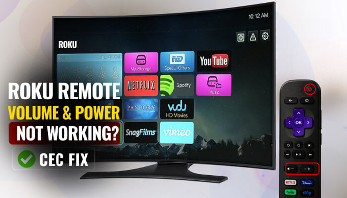 Curved Roku TV with home screen apps and a Roku remote highlighting volume and power buttons, visually illustrating why My Roku Remote Is Not Working with volume/power control due to HDMI‑CEC setting issues and how to resolve them.