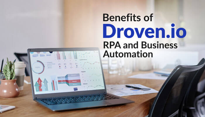 Laptop on office desk displaying analytics and workflow dashboards highlighting the benefits of Droven.io RPA and Business Automation for streamlining business operations and improving efficiency.