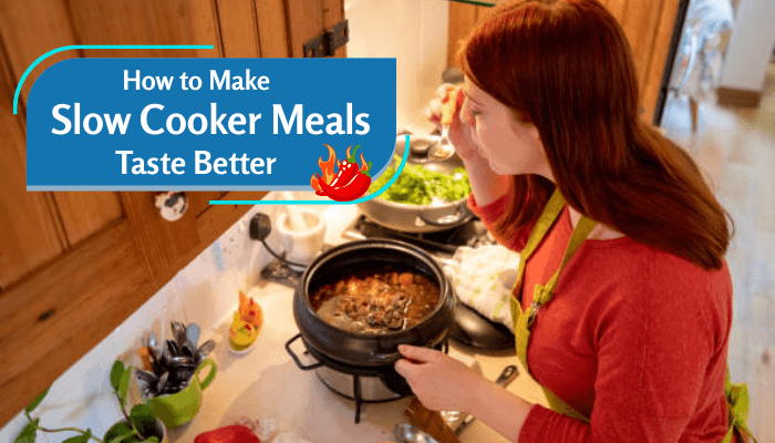 Woman tasting food while cooking a slow cooker meal in a kitchen, with a pot of stew on the counter and fresh ingredients nearby, illustrating how to fix slow cooker recipes by improving taste, texture, and seasoning for better home-cooked results.
